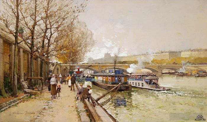 Eugène Galien-Laloue Various Paintings - Along the seine river