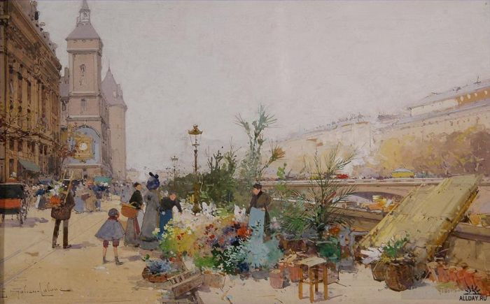 Eugène Galien-Laloue Various Paintings - Le marche aux fleurs et
