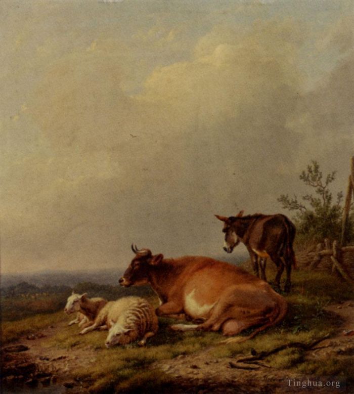 Eugene Joseph Verboeckhoven Oil Painting - A Cow A Sheep And A Donkey