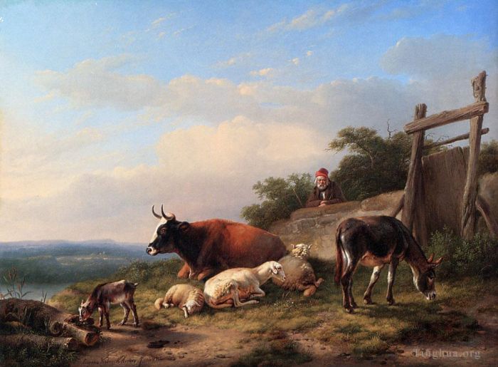 Eugene Joseph Verboeckhoven Oil Painting - A Farmer Tending His Animals