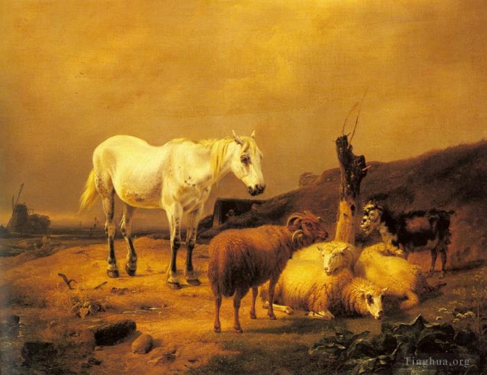 Eugene Joseph Verboeckhoven Oil Painting - A Horse Sheep And Goat In A Landscape