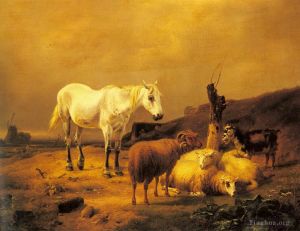 Artist Eugene Joseph Verboeckhoven's Work - A Horse Sheep And Goat In A Landscape