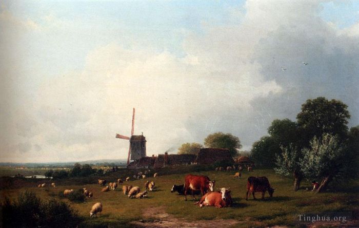 Eugene Joseph Verboeckhoven Oil Painting - A Panoramic Summer Landscape With Cattle Grazing In A Meadow