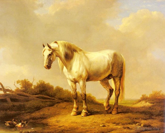 Eugene Joseph Verboeckhoven Oil Painting - A White Stallion In A Landscape Eugene Verboeckhoven horse