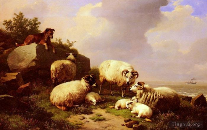 Eugene Joseph Verboeckhoven Oil Painting - Guarding The Flock By The Coast