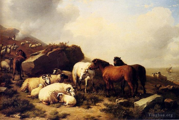 Eugene Joseph Verboeckhoven Oil Painting - Horses And Sheep By The Coast