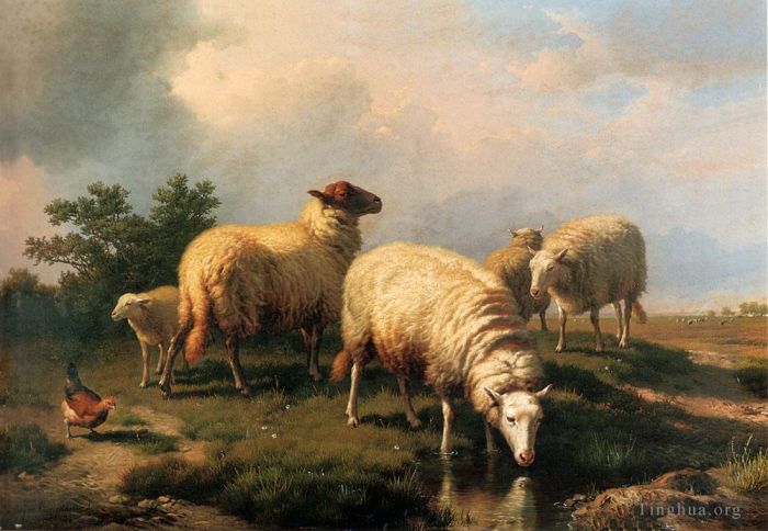 Eugene Joseph Verboeckhoven Oil Painting - Sheep And A Chicken In A Landscape