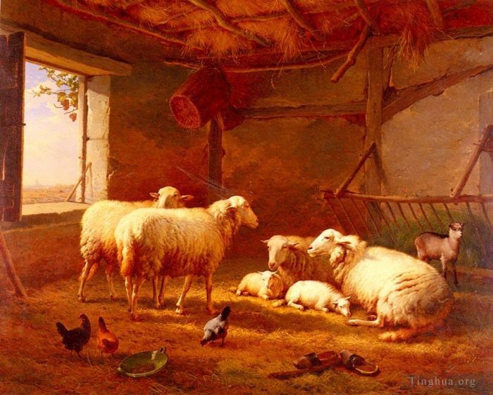 Eugene Joseph Verboeckhoven Oil Painting - Sheep With Chickens And A Goat In A Barn