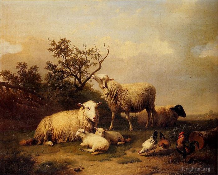 Eugene Joseph Verboeckhoven Oil Painting - Sheep With Resting Lambs And Poultry In A Landscape