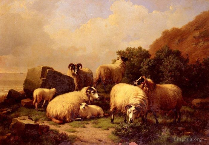Eugene Joseph Verboeckhoven Oil Painting - Sheep grazing By The Coast