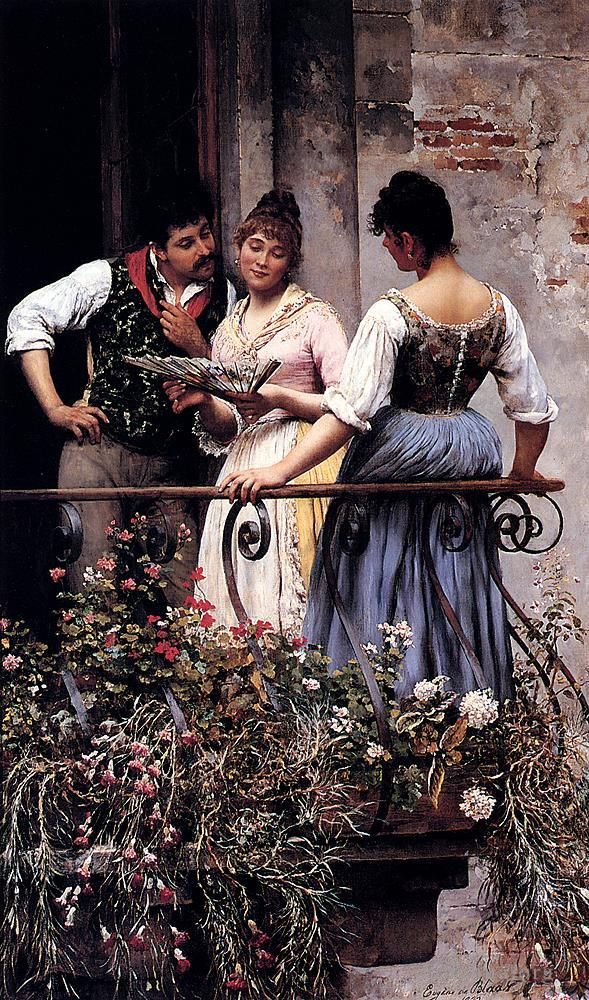 Eugene de Blaas Oil Painting - De On The Balcony lady