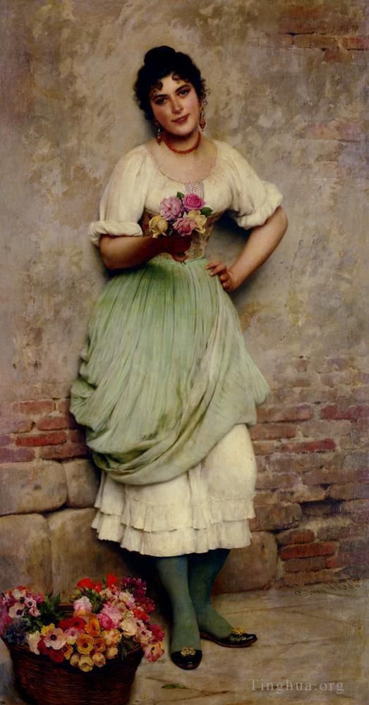 Eugene de Blaas Oil Painting - De The Flower Seller lady