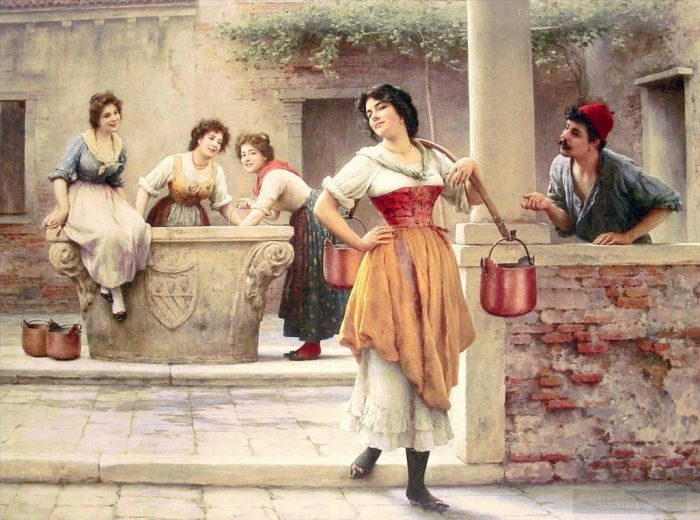 Eugene de Blaas Oil Painting - Flirtation at the Well lady