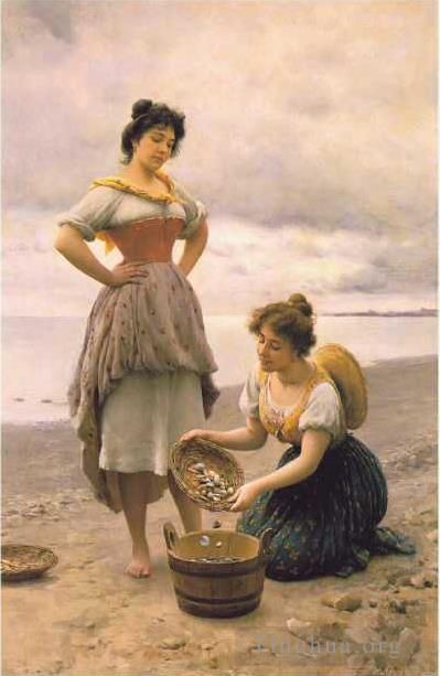 Eugene de Blaas Oil Painting - Gathering Shells lady