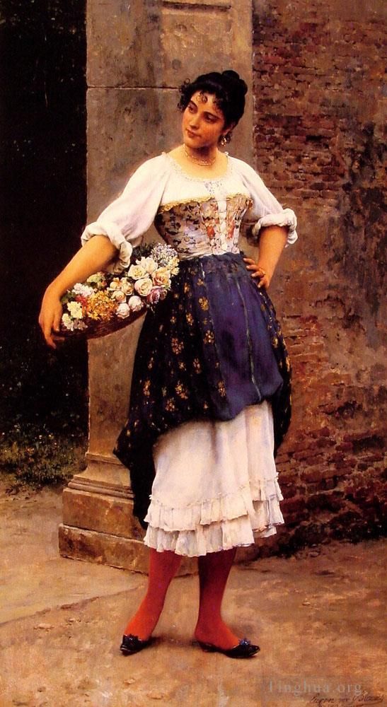 Eugene de Blaas Oil Painting - Venetian flower seller lady