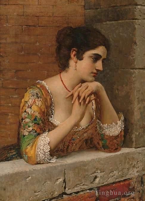Eugene de Blaas Oil Painting - Von venetian beauty on balcony lady
