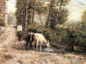 Artist Eugenio Zampighi's Work - Cows Watering At A Quiet Pool