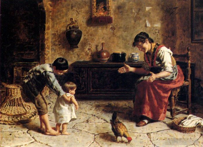 Eugenio Zampighi Oil Painting - The First Steps