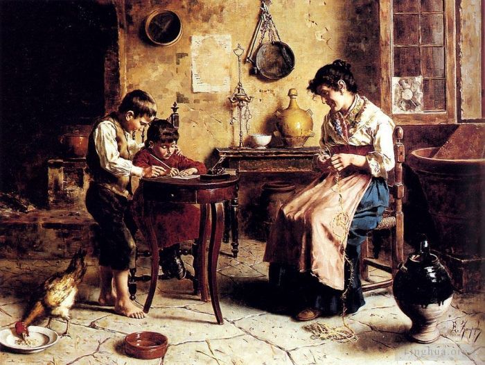 Eugenio Zampighi Oil Painting - The Writing Lesson