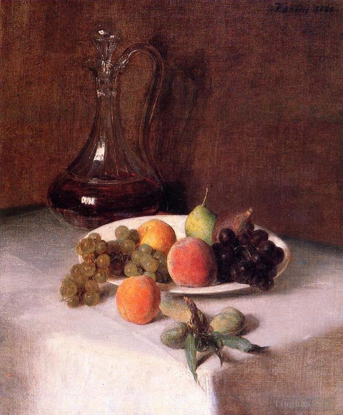 Henri Fantin-Latour Oil Painting - A Carafe of Wine and Plate of Fruit on a White Tablecloth