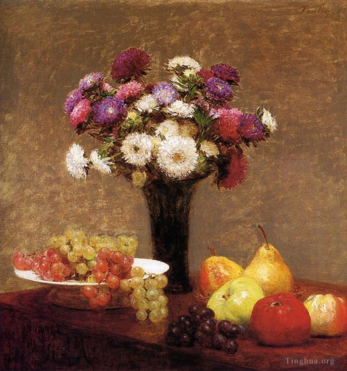 Henri Fantin-Latour Oil Painting - Asters and Fruit on a Table