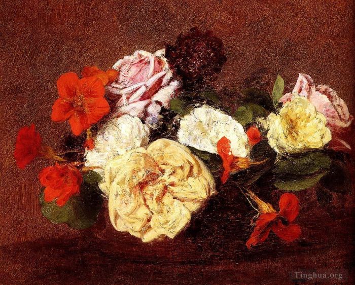 Henri Fantin-Latour Oil Painting - Bouquet Of Roses And Nasturtiums