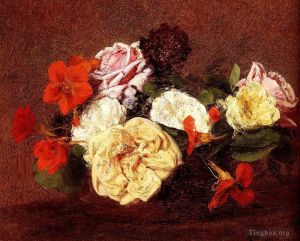 Artist Henri Fantin-Latour's Work - Bouquet Of Roses And Nasturtiums