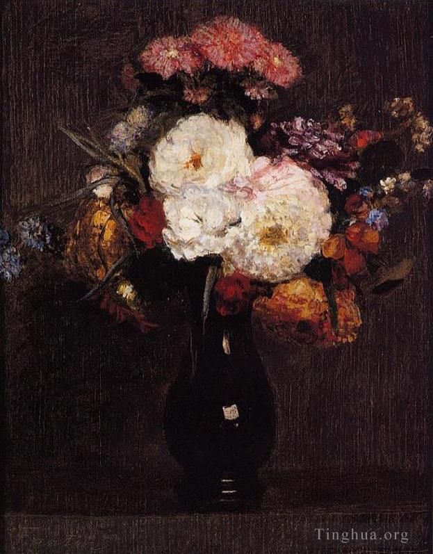 Henri Fantin-Latour Oil Painting - Dahlias Queens Daisies Roses and Cornflowers