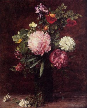 Artist Henri Fantin-Latour's Work - Flowers Large Bouquet with Three Peonies