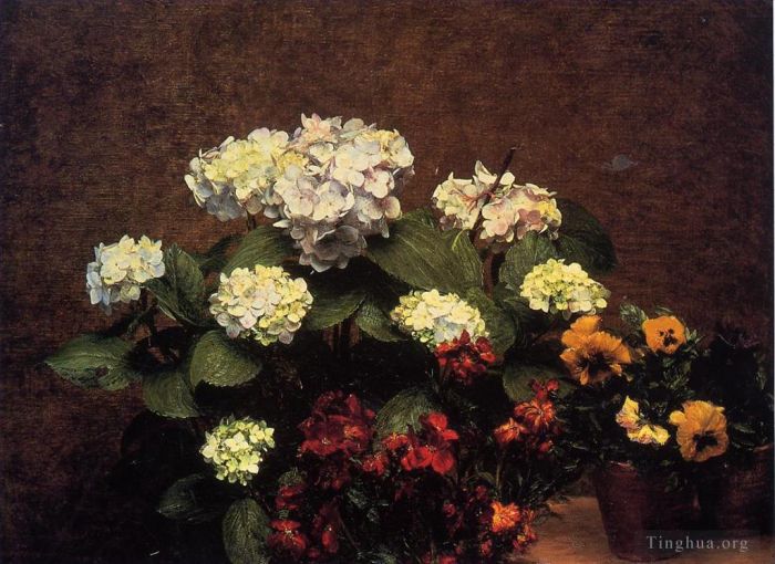 Henri Fantin-Latour Oil Painting - Hydrangias Cloves and Two Pots of Pansies