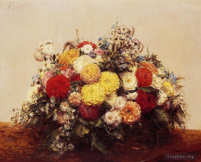 Henri Fantin-Latour Oil Painting - Large Vase of Dahlias and Assorted Flowers