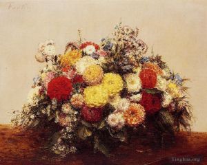 Artist Henri Fantin-Latour's Work - Large Vase of Dahlias and Assorted Flowers
