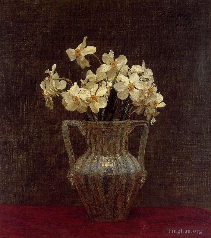 Henri Fantin-Latour Oil Painting - Narcisses in an Opaline Glass Vase