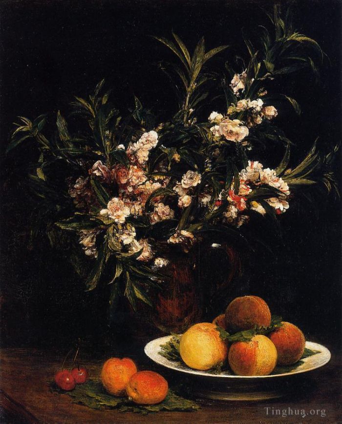Henri Fantin-Latour Oil Painting - Still Life Balsimines Peaches and Apricots