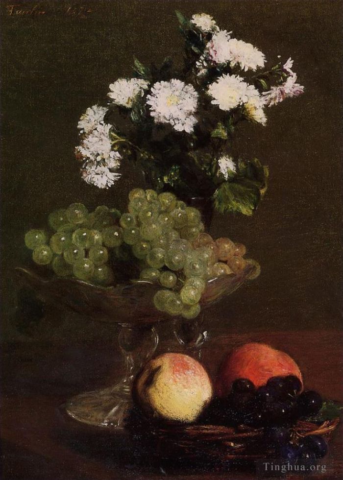 Henri Fantin-Latour Oil Painting - Still Life Chrysanthemums and Grapes
