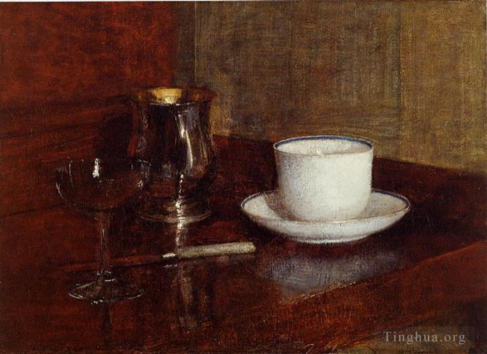 Henri Fantin-Latour Oil Painting - Still Life Glass Silver Goblet and Cup of Champagne