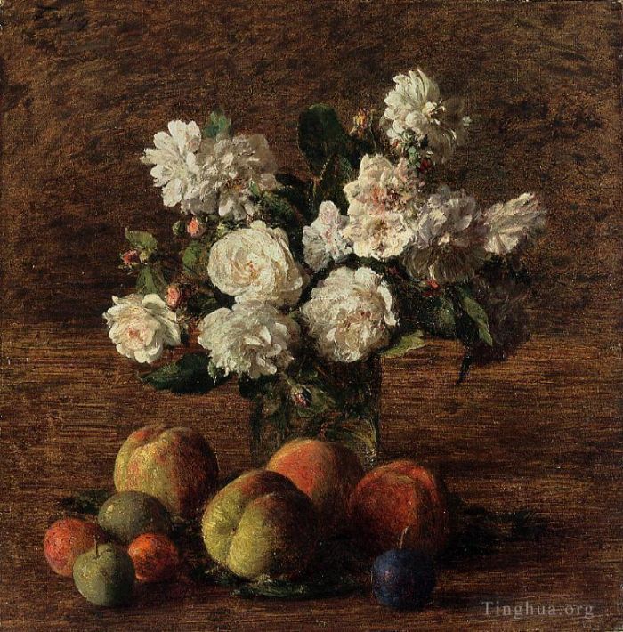 Henri Fantin-Latour Oil Painting - Still Life Roses and Fruit