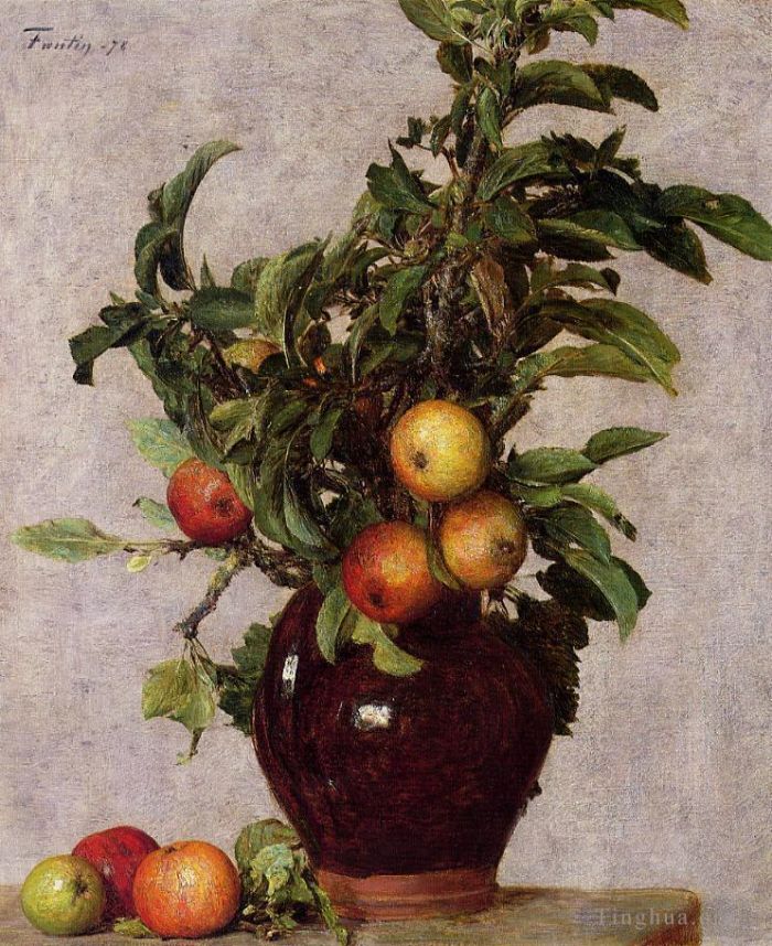 Henri Fantin-Latour Oil Painting - Vase with Apples and Foliage