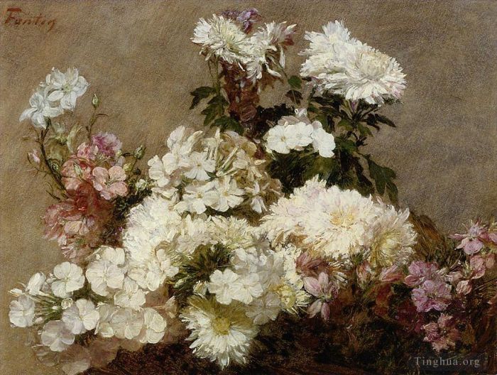 Henri Fantin-Latour Oil Painting - White Phlox Summer Chrysanthemum and Larkspur