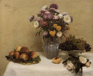 Artist Henri Fantin-Latour's Work - White Roses Chrysanthemums in a Vase Peaches and Grapes on a Table with a Whi