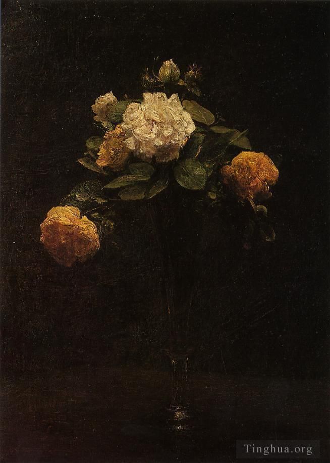 Henri Fantin-Latour Oil Painting - White and Yellow Roses in a Tall Vase