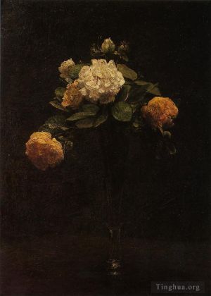 Artist Henri Fantin-Latour's Work - White and Yellow Roses in a Tall Vase