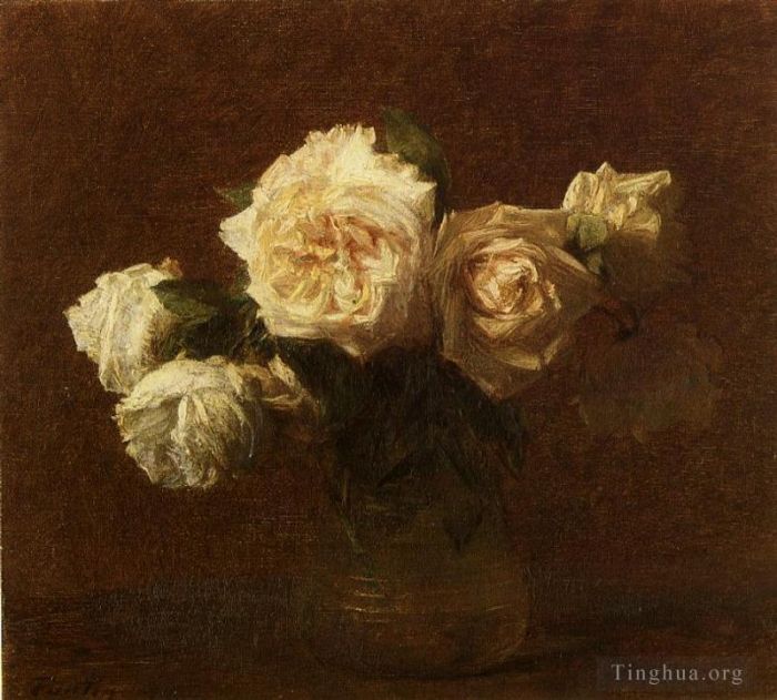Henri Fantin-Latour Oil Painting - Yellow Pink Roses in a Glass Vase