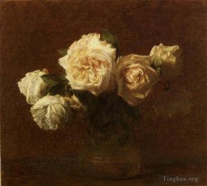 Artist Henri Fantin-Latour's Work - Yellow Pink Roses in a Glass Vase