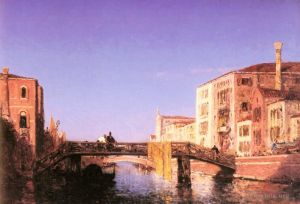 Antique Oil Painting - Le Pont De Bois A Venise