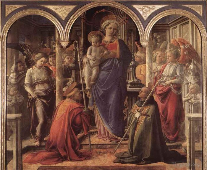 Fra Filippo Lippi Various Paintings - Madonna And Child With St Fredianus And St Augustine