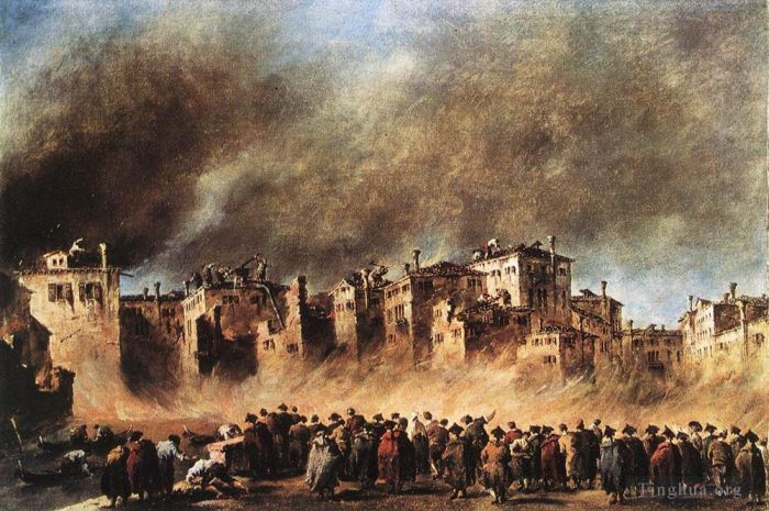 Francesco Guardi Oil Painting - Fire in the Oil Depot at San Marcuola