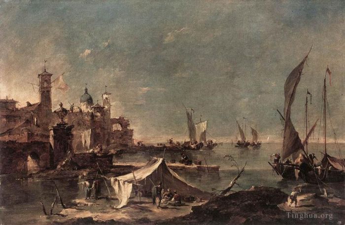 Francesco Guardi Oil Painting - Landscape with a Fishermans Tent