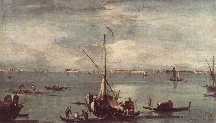Francesco Guardi Oil Painting - The Lagoon with Boats Gondolas and Rafts
