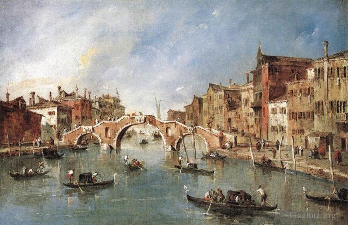 Francesco Guardi Oil Painting - The Three Arched Bridge at Cannaregio